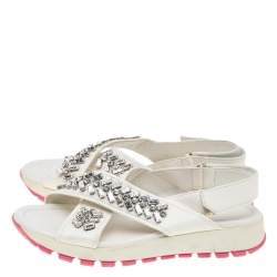 Pre Owned Prada White Leather Crystal Embellished Slingback Flat Sandals Size 35