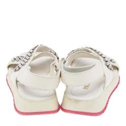 Pre Owned Prada White Leather Crystal Embellished Slingback Flat Sandals Size 35