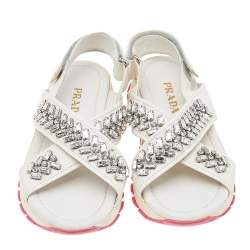 Pre Owned Prada White Leather Crystal Embellished Slingback Flat Sandals Size 35