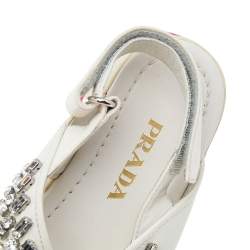 Pre Owned Prada White Leather Crystal Embellished Slingback Flat Sandals Size 35