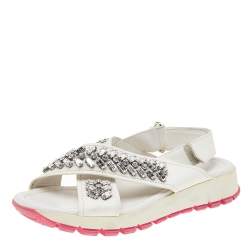 Pre Owned Prada White Leather Crystal Embellished Slingback Flat Sandals Size 35