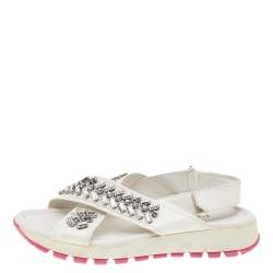 Pre Owned Prada White Leather Crystal Embellished Slingback Flat Sandals Size 35