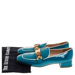 Pre Owned Prada Blue Patent Leather Embellished Slip On Loafers Size 39