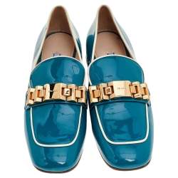Pre Owned Prada Blue Patent Leather Embellished Slip On Loafers Size 39