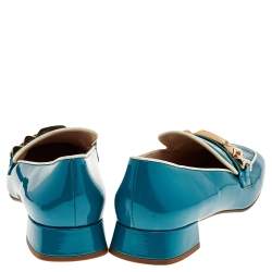 Pre Owned Prada Blue Patent Leather Embellished Slip On Loafers Size 39