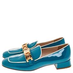 Pre Owned Prada Blue Patent Leather Embellished Slip On Loafers Size 39