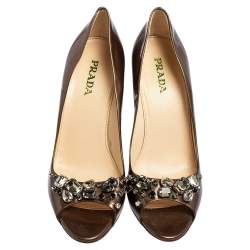 Pre Owned Prada Gold Patent Leather Crystal Embellished Peep Toe Pumps Size 39