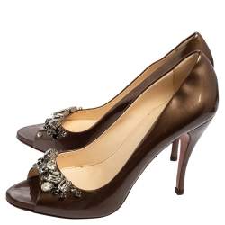 Pre Owned Prada Gold Patent Leather Crystal Embellished Peep Toe Pumps Size 39