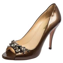Pre Owned Prada Gold Patent Leather Crystal Embellished Peep Toe Pumps Size 39