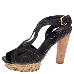 Prada Brown Leather Espadrille Platform Wooden Heel Ankle Sandals Size 40