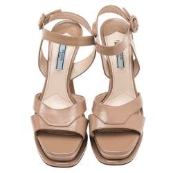 Pre Owned Prada Beige Patent Leather Platform Ankle Strap Sandals Size 39