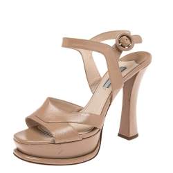 Pre Owned Prada Beige Patent Leather Platform Ankle Strap Sandals Size 39