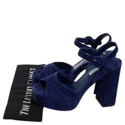 Pre Owned Prada Blue Suede Platform Ankle Strap Sandals Size 39