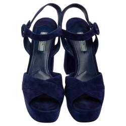 Pre Owned Prada Blue Suede Platform Ankle Strap Sandals Size 39