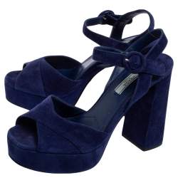 Pre Owned Prada Blue Suede Platform Ankle Strap Sandals Size 39