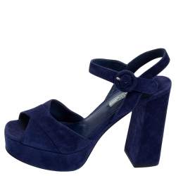 Pre Owned Prada Blue Suede Platform Ankle Strap Sandals Size 39