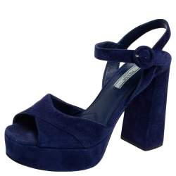Pre Owned Prada Blue Suede Platform Ankle Strap Sandals Size 39