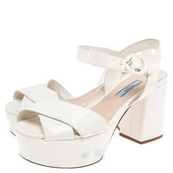 Prada Cream Patent Leather Criss Cross Platform Ankle Strap Sandals Size 37.5
