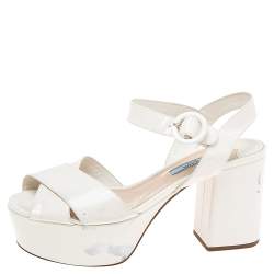 Prada Cream Patent Leather Criss Cross Platform Ankle Strap Sandals Size 37.5