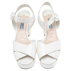 Prada Cream Patent Leather Criss Cross Platform Ankle Strap Sandals Size 37.5
