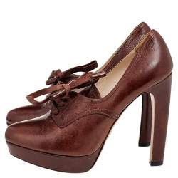 Pre Owned Prada Brown Leather Lace Up Booties Size 38