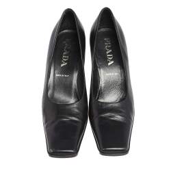 Pre Owned Prada Black Leather Block Heel Square Toe Pumps Size 38