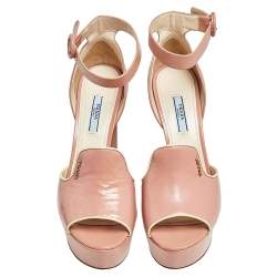 Pre Owned Prada Pink Patent Saffiano Leather Platform Block Heel Ankle Strap Sandals Size 40