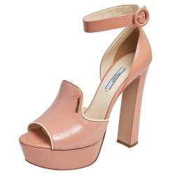 Pre Owned Prada Pink Patent Saffiano Leather Platform Block Heel Ankle Strap Sandals Size 40
