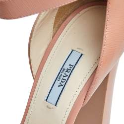 Pre Owned Prada Pink Patent Saffiano Leather Platform Block Heel Ankle Strap Sandals Size 40
