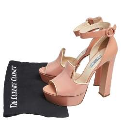 Pre Owned Prada Pink Patent Saffiano Leather Platform Block Heel Ankle Strap Sandals Size 40