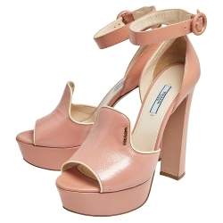 Pre Owned Prada Pink Patent Saffiano Leather Platform Block Heel Ankle Strap Sandals Size 40