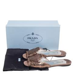 Pre Owned Prada Bronze Glitter Flat Slides Size 38