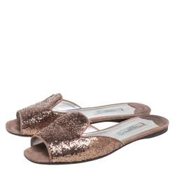 Pre Owned Prada Bronze Glitter Flat Slides Size 38