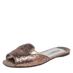 Pre Owned Prada Bronze Glitter Flat Slides Size 38