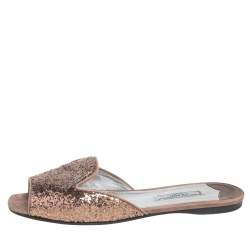 Pre Owned Prada Bronze Glitter Flat Slides Size 38