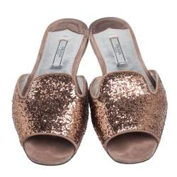 Pre Owned Prada Bronze Glitter Flat Slides Size 38