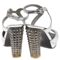 Prada Metallic Silver Leather Crystal Embellished Block Heel Platform Sandals Size 35.5