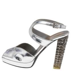 Prada Metallic Silver Leather Crystal Embellished Block Heel Platform Sandals Size 35.5