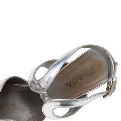 Prada Metallic Silver Leather Crystal Embellished Block Heel Platform Sandals Size 35.5