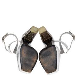 Prada Metallic Silver Leather Crystal Embellished Block Heel Platform Sandals Size 35.5