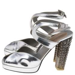 Prada Metallic Silver Leather Crystal Embellished Block Heel Platform Sandals Size 35.5