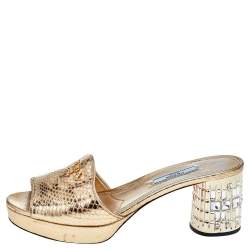 Pre Owned Prada Metallic Gold Python Embossed Leather Crystal Embellished Block Heel Slide Sandals Size 38