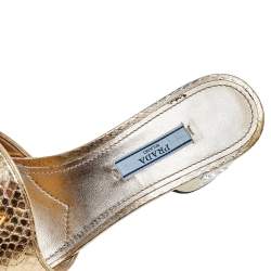Pre Owned Prada Metallic Gold Python Embossed Leather Crystal Embellished Block Heel Slide Sandals Size 38