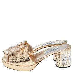 Pre Owned Prada Metallic Gold Python Embossed Leather Crystal Embellished Block Heel Slide Sandals Size 38