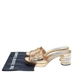 Pre Owned Prada Metallic Gold Python Embossed Leather Crystal Embellished Block Heel Slide Sandals Size 38
