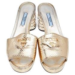 Pre Owned Prada Metallic Gold Python Embossed Leather Crystal Embellished Block Heel Slide Sandals Size 38