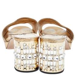Pre Owned Prada Metallic Gold Python Embossed Leather Crystal Embellished Block Heel Slide Sandals Size 38