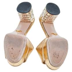 Pre Owned Prada Metallic Gold Python Embossed Leather Crystal Embellished Block Heel Slide Sandals Size 38