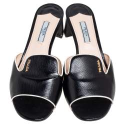 Pre Owned Prada Black Saffiano Vernice Leather Slide Sandals Size 38.5
