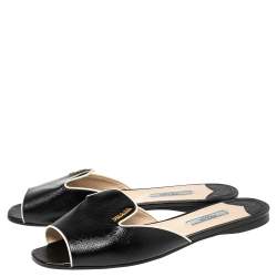 Pre Owned Prada Black Patent Leather Logo Embellished Flat Slides Size 37.5